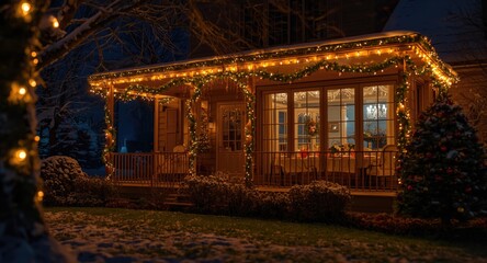 Obraz premium Snowy night view of cozy family home lit by Christmas lights with a beautifully set holiday table
