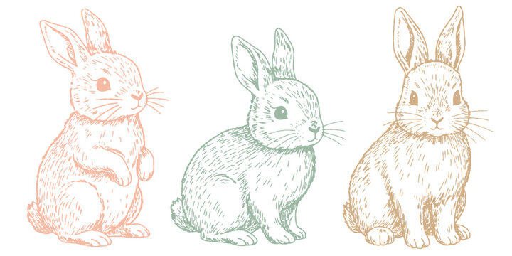 Hand-drawn vintage Easter bunny vector set. Sketchy spring hares in pastel colors. Retro woodland rabbit lineart collection.