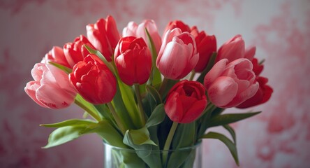 Fototapeta premium Pink and red tulips arranged in glass vase with copy space for greetings