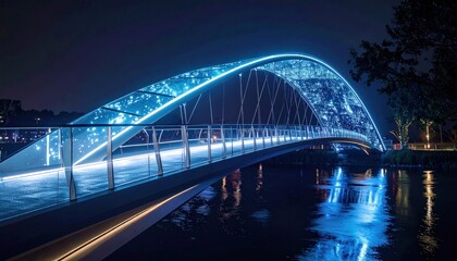 Illuminated pedestrian bridge spanning water, vibrant at night