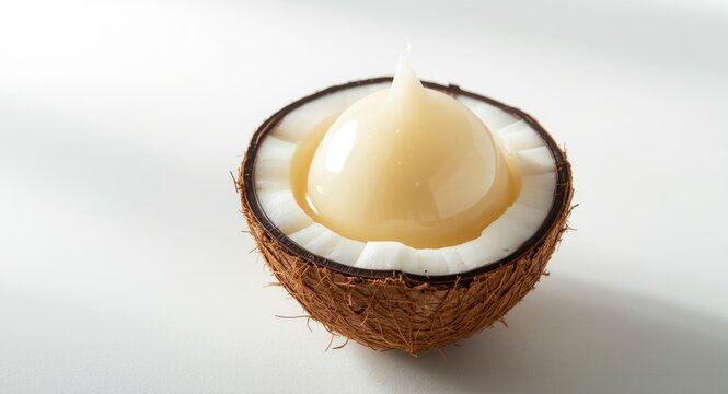 Soft jelly pudding made of young coconut served naturally inside coconut shell on white background