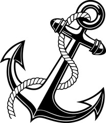 Black and White Nautical Anchor with Rope Vector Illustration Graphic