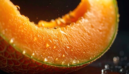 Macro shot of a wet, ripe melon slice with droplets against a dark background