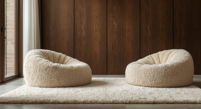 Modern home lounge highlighting boucle bean bag chairs on cozy rug beside elegant paneling
