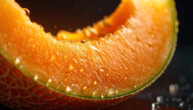 Macro shot of a wet, ripe melon slice with droplets against a dark background