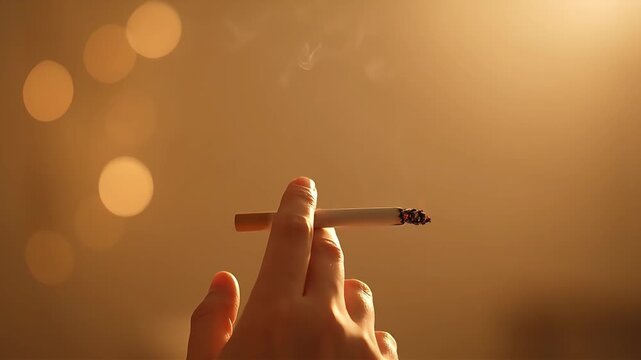 Hand holding a burning cigarette smoke briefly forms a heart shape against a warm golden bokeh background Lifestyle concept