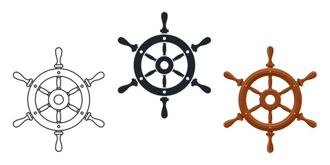 classic brown wooden ship helm nautical steering wheel icon symbol outline silhouette vector set of 3 on transparent background