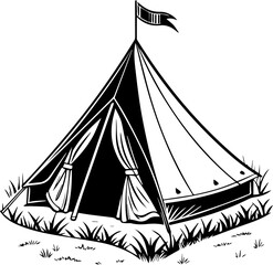 Classic Camping Tent with Flag Monochromatic Woodcut Style Vector Illustration