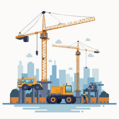 Construction site with cranes and city skyline in background