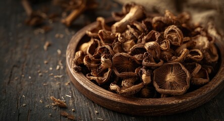 Obraz premium Arrangement of dried porcini mushrooms on a plate with copy space for text presenting food drying