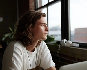 Reflective young man gazing out window in urban setting lifestyle portrait