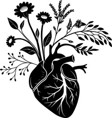 Anatomical Human Heart with Growing Flowers and Botanical Elements Black and White Silhouette Vector