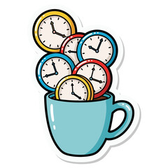 Time Management Concept Colorful Clocks Overflowing from a Mug, Doodle Style Vector Illustration