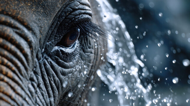 Elephant skin elephant eye elephant detail elephant closeup animal texture animal portrait water splash rain droplet wildlife nature wildlife closeup Elephant skin folds form intricate channels