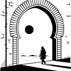 Solitary Traveler Walking Through Ornate Moorish Arch Gate Towards Horizon Minimal Black and White Vector