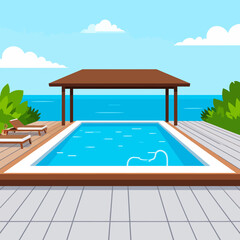 Fototapeta premium Serene poolside scene with lounge chairs near gazebo in flat design style