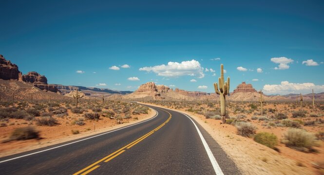 Sandy desert terrain in summer with a winding asphalt road passing through cacti and stone formations