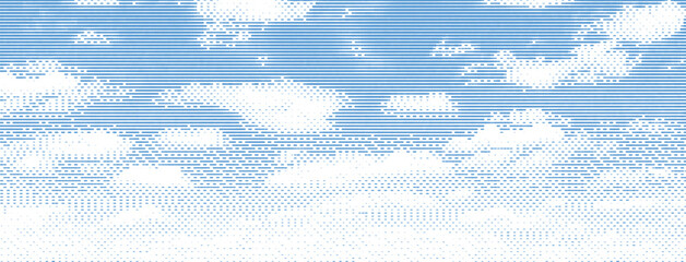 Blue horizontal stripes and halftone dot pattern abstract sky and cloud shapes on white background. Modern digital  technology texture.