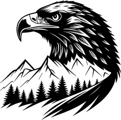 Majestic Eagle Head Vector Graphic Merged with Mountain Peaks and Pine Forest Silhouette for Logo or Emblem Design