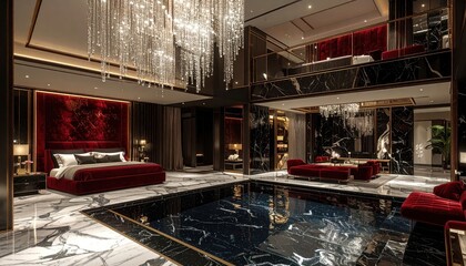 Opulent bedroom suite featuring a pool, chandelier, and a second story