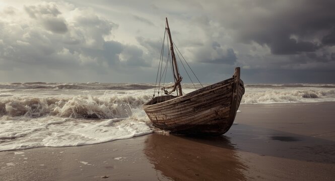 Worn down tiny boat abandoned close to the ocean edge during windy weather
