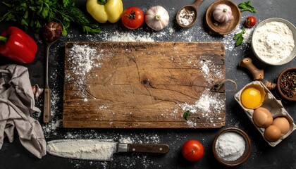 Culinary setup with cutting board, ingredients, and utensils artfully arranged