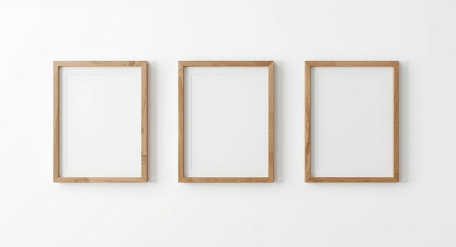 Three basic wooden frames hanging on a clean white wall for minimalist decor