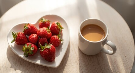 Special Mother's Day morning featuring fresh strawberries on a heart shaped white plate and a hot coffee cup