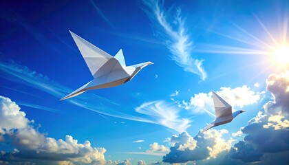 Two origami birds soar in a bright blue sky with a radiant sun