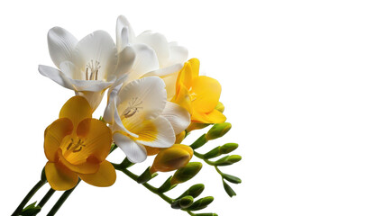 Obraz premium Freesia flowers png yellow white flowers png floral bouquet png glass vase png transparent background image