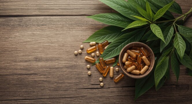 Wooden backdrop with kratom herbal medicine capsules and Mitragyna speciosa leaves emphasizing therapeutic wellness
