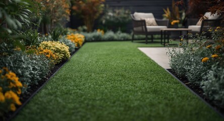 Obraz premium Exterior garden concept using synthetic grass pathways to enhance home outdoor spaces