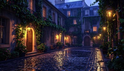 Cobblestone alleyway in a European city at dusk, lit by warm lanterns