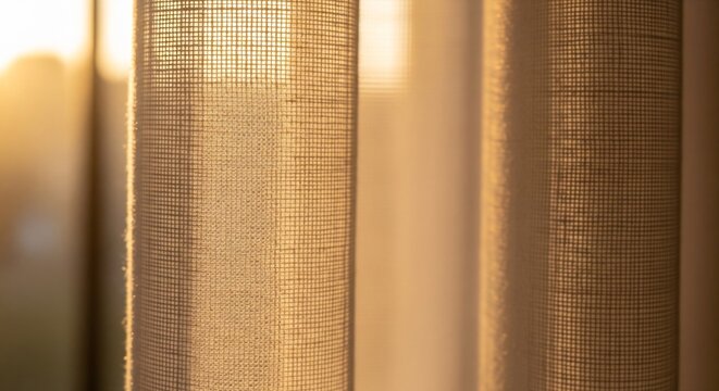 Close-up of sheer textured curtains catching the warm golden light of the setting sun, creating a soft, ethereal glow.