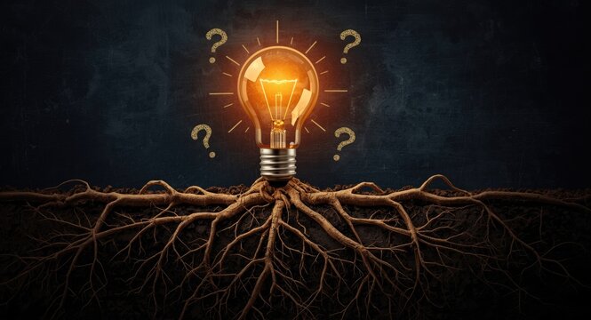 Root cause analysis and creativity portrayed by a glowing idea bulb with question marks around