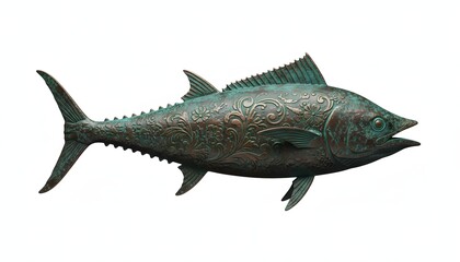Naklejka premium Realistic Bronze Fish Sculpture with Oxidized Patina 3D Render - Copper Aquatic Art, Weathered Sea Life Statue, Aged Marine Animal, Rustic Ocean Decor, Antique Fishing Collectible, Nautical Wildlife