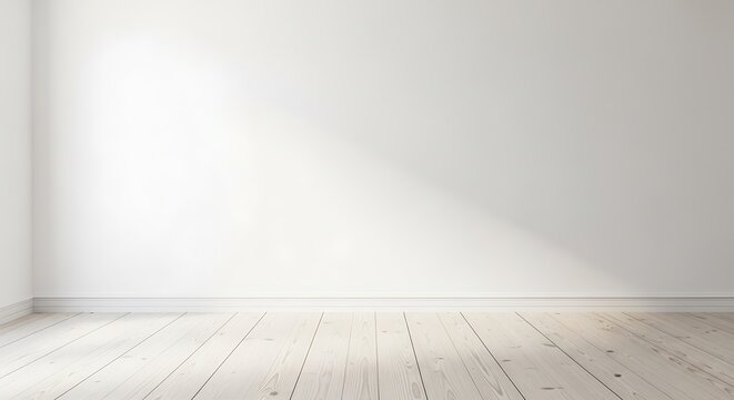 A blank white wall in a minimalist room with a light wooden floor, perfect for copy space or a product mockup- 3D rendering