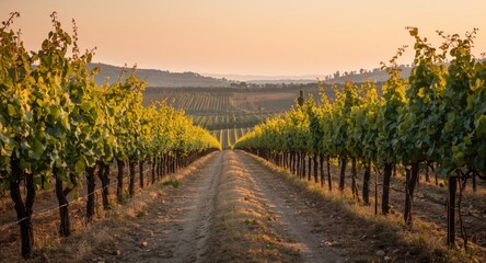 Fototapeta premium Quiet pathway crossing vast grape plantations with intensified natural hues