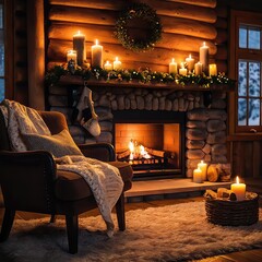 fireplace, Warm glowing fireplace with decorated mantel, stockings, soft knit blankets, wooden cabin interior, cinematic lighting