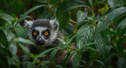 Fototapeta premium Camouflaged lemur featuring bright yellow eyes surrounded by deep green plants
