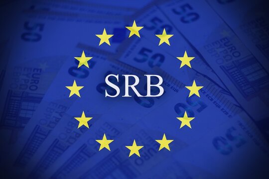 Euro banknotes with European Union flag overlay and &ldquo;SRB&rdquo; text. Concept image representing the European Single Resolution Board, banking regulation, and financial stability.