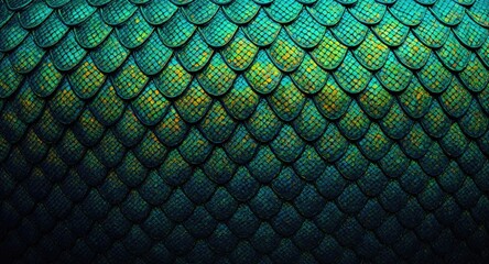 Iridescent patterning on a highly detailed scaly texture in vibrant green blue and orange yellow