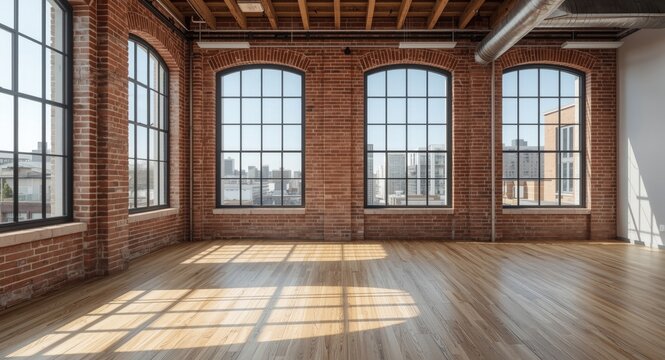 Open loft with panoramic windows, natural wood flooring, and textured brick walls