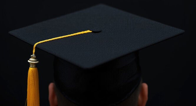 Zoomed image emphasizing the black graduation cap and its contrasting yellow tassel
