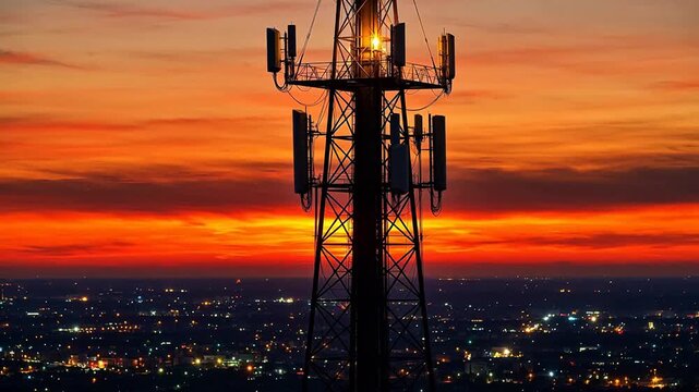 Cell tower at sunset with city lights