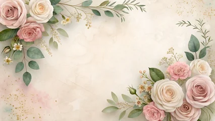 Fotobehang Bloemenwinkel Vintage pink rose bouquet with floral frame on a romantic background for wedding or greeting card design  © The Shutter Craft