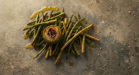 Fototapeta premium Artichoke and asparagus grilled to perfection with olive oil on a flat concrete surface with copy space