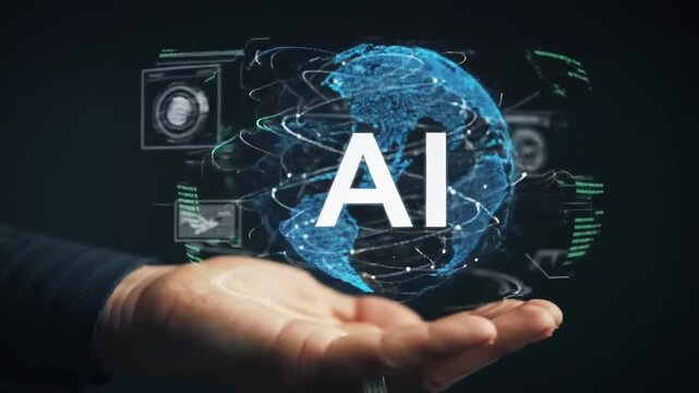 AI Integration in Global Systems: The future of artificial intelligence is visualized as a futuristic concept, with AI technology seamlessly integrated within the digital sphere, shaping the world.