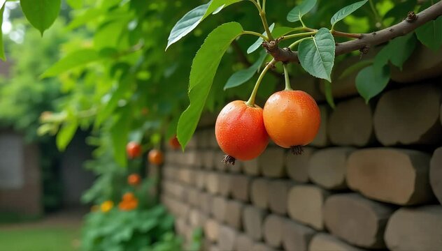 A backyard amla tree with ripe fruits hanging low near a stone wall 