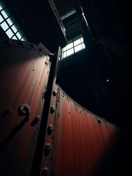Industrial titan, rusted metal veins in shadow, a low-angle testament to brute strength and forgotten eras,  powerful,  abandoned